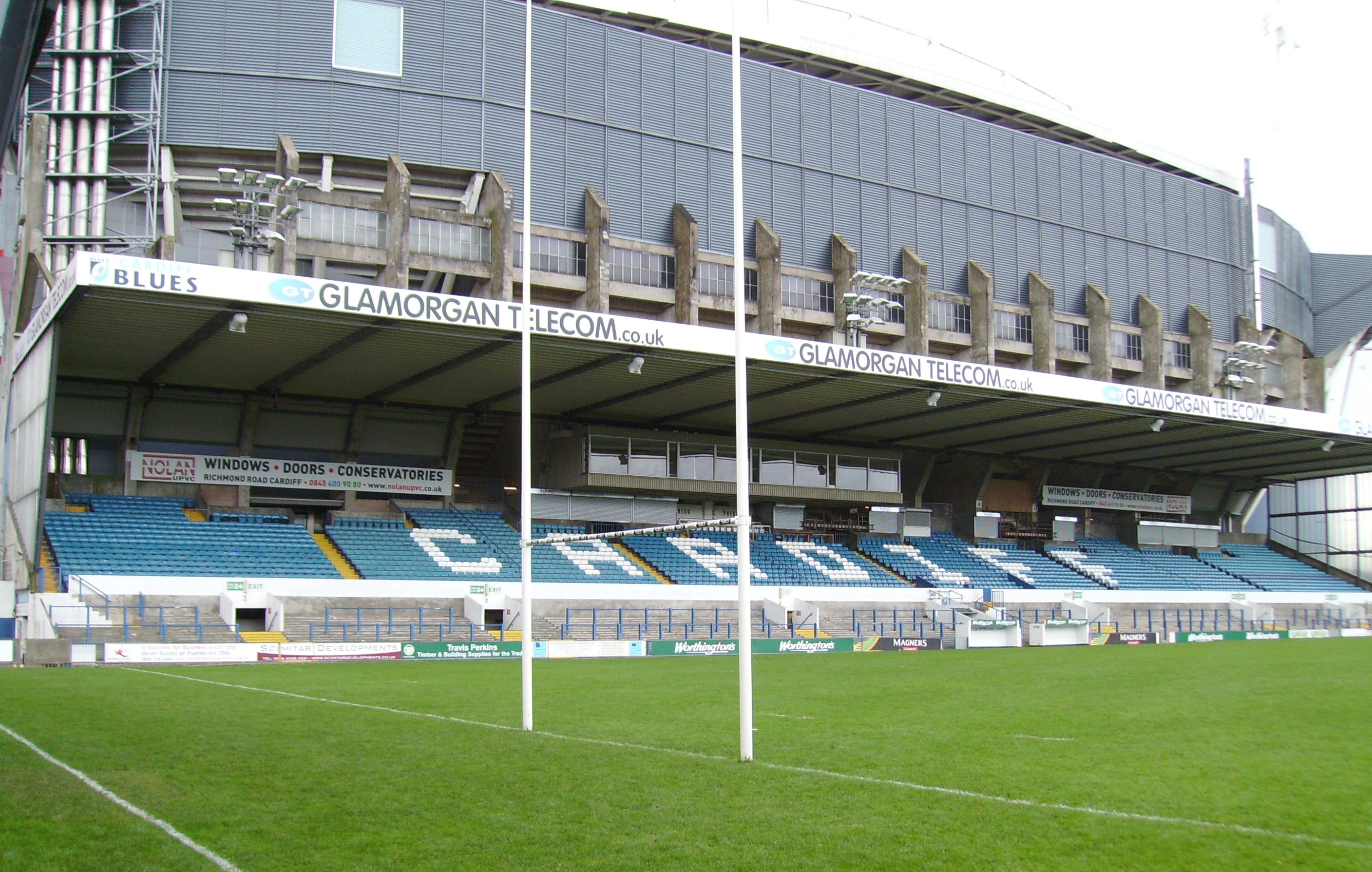 Cardiff Arms Park and Millennium Stadium side by side in Cardiff city centre, Wales