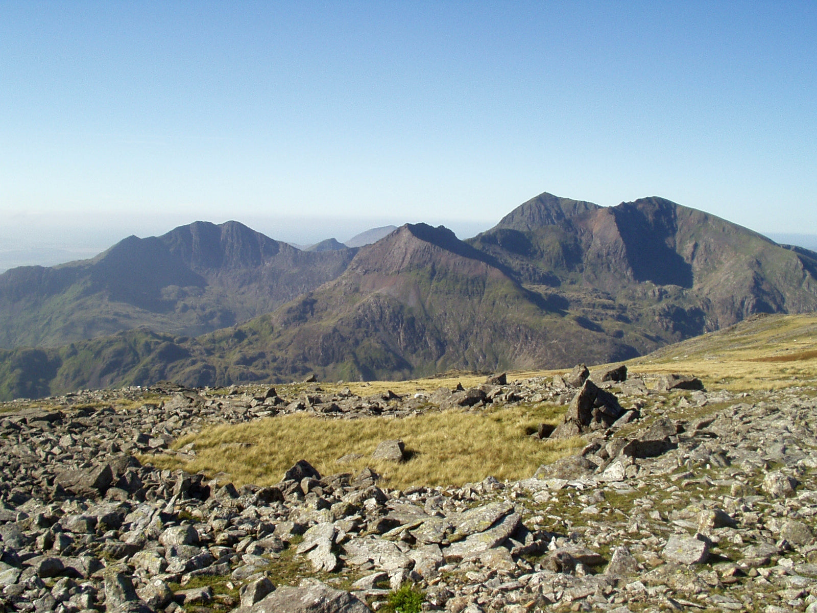 Snowdon and the Snowdon Horseshoe mountain viewed from Y Glyderau, Snowdonia, Wales
