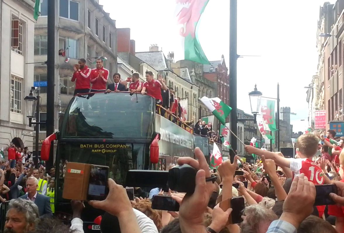 Wales national football team open-top bus parade through Cardiff city centre after Euro 2016