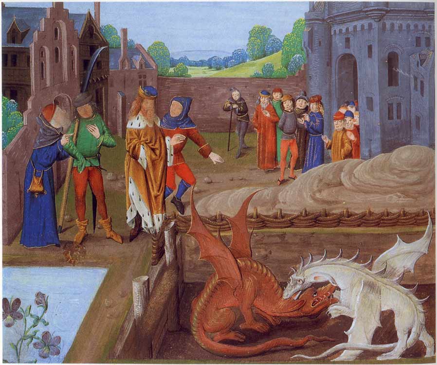Vortigern watching the red and white dragons fight, from a 15th-century manuscript of Geoffrey of Monmouth's Historia Regum Britanniae