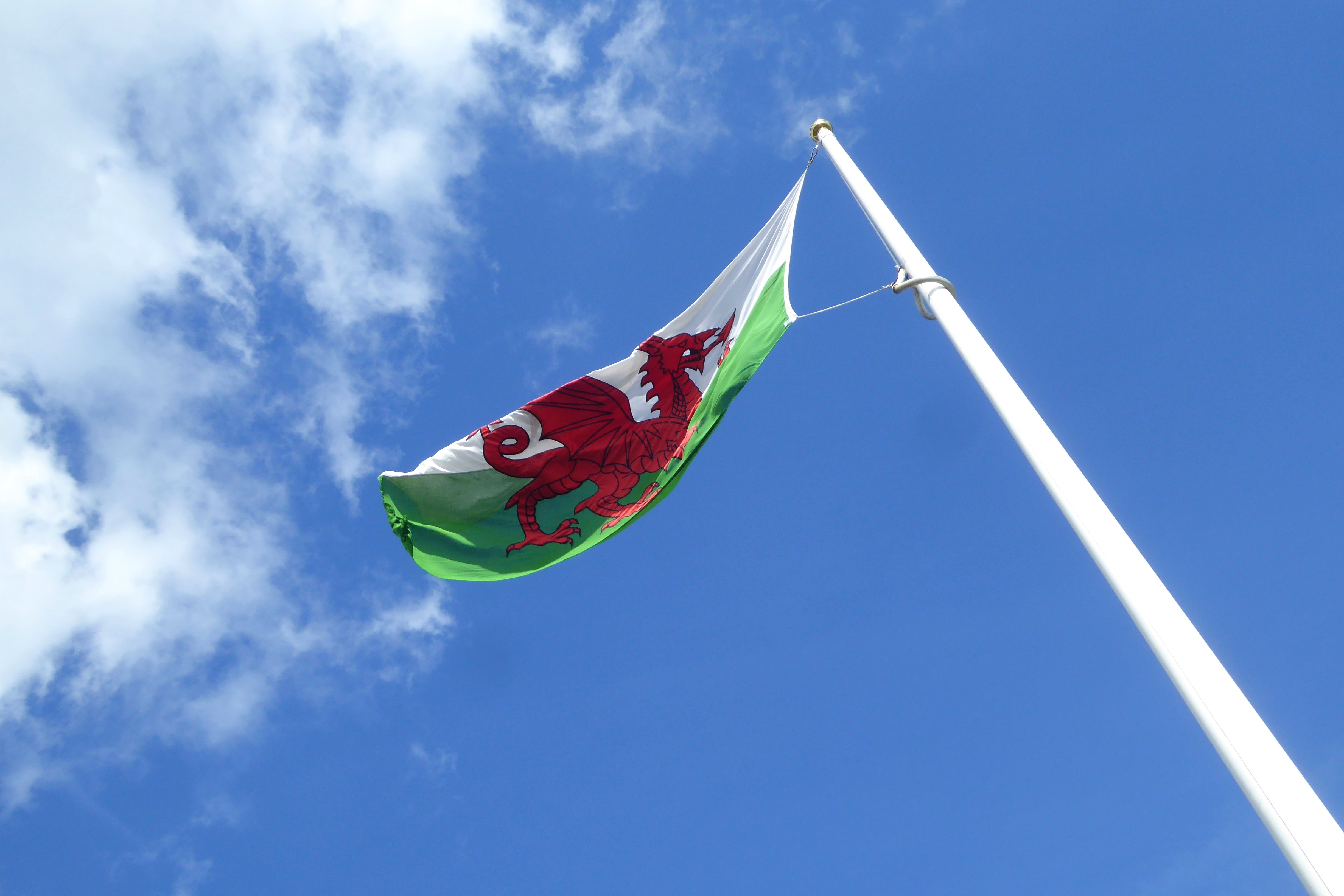 The flag of Wales, Y Ddraig Goch, flying from a tower at Raglan Castle, Monmouthshire
