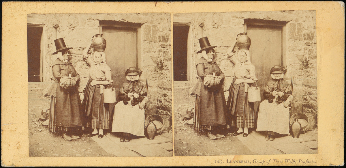 Three Welsh women wearing traditional Welsh clothing at Llanberis