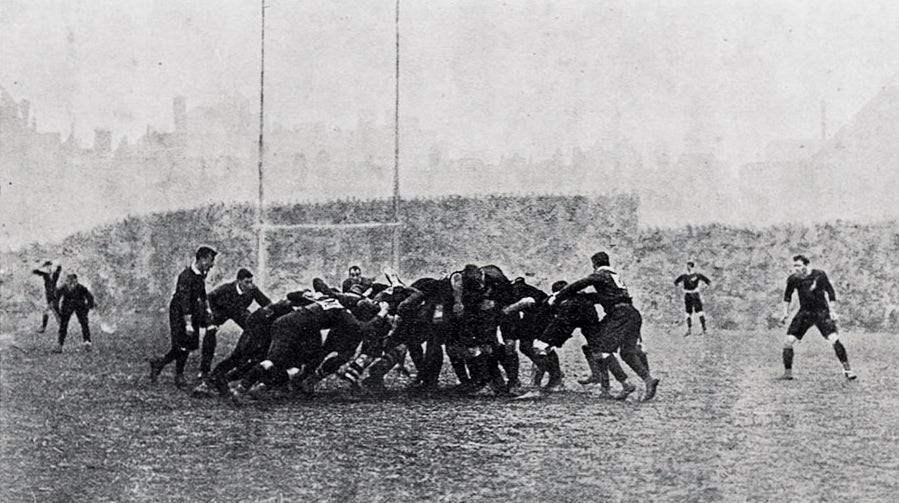 Wales and New Zealand scrum at Cardiff Arms Park during the 1905 rugby international
