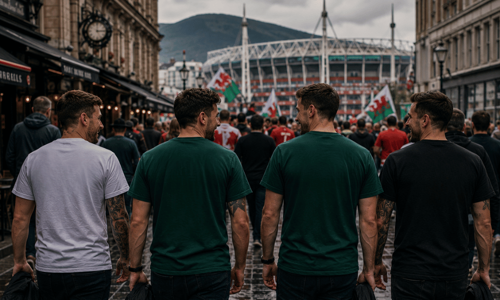 Wales football supporters walking through Cardiff city streets towards the stadium, red Welsh dragon flags in the crowd