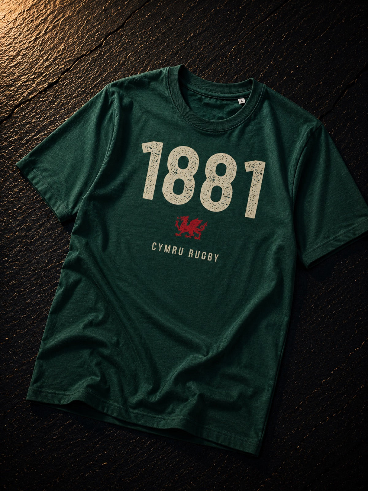 1881 Cymru Rugby Welsh t-shirt in forest green with red dragon, Made in Cymru
