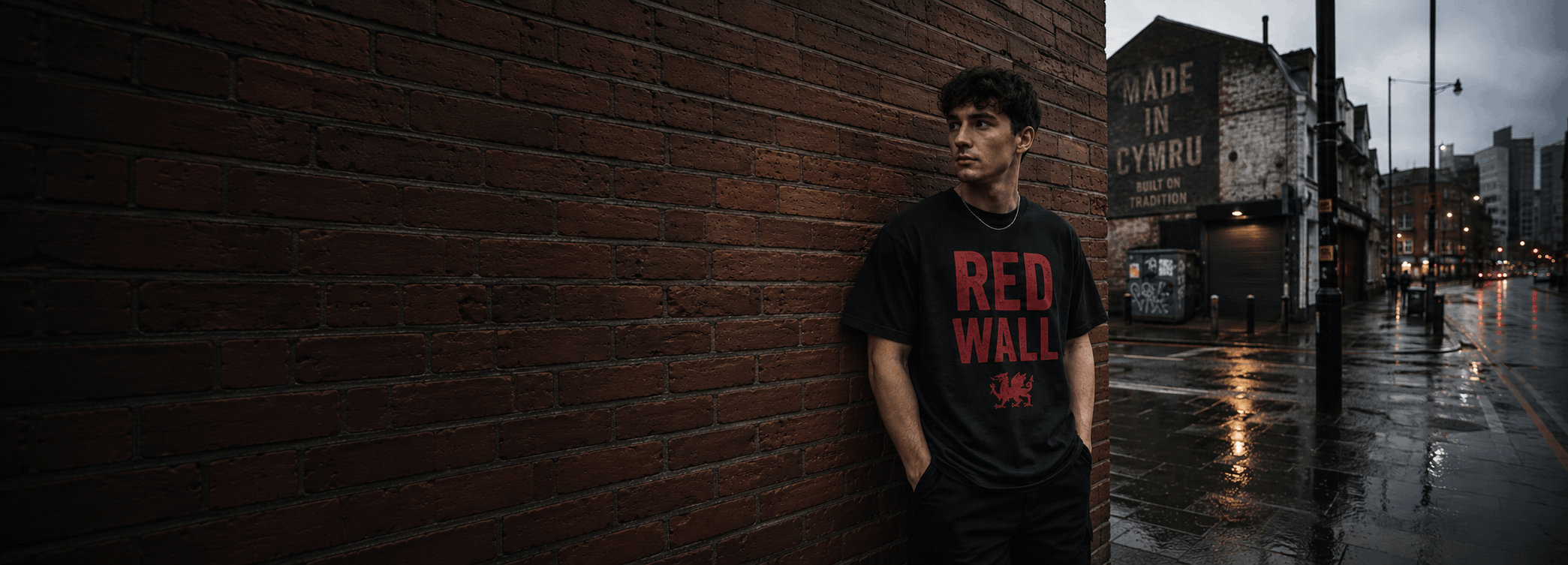 Made in Cymru Welsh streetwear hoodie campaign in a rainy Cardiff street