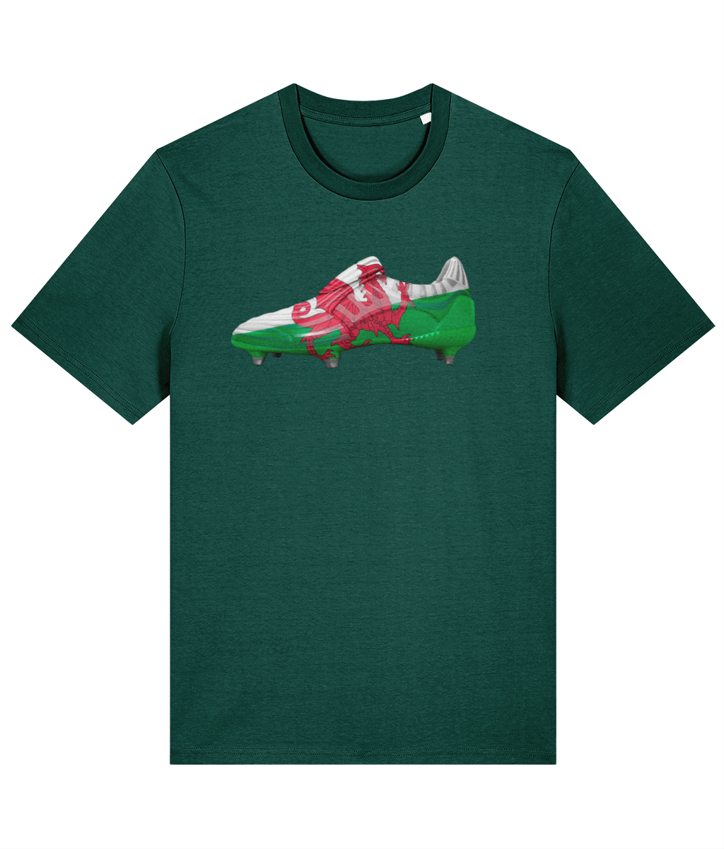 Made in Cymru Welsh football boot organic cotton T-shirt – Glazed Green front mockup