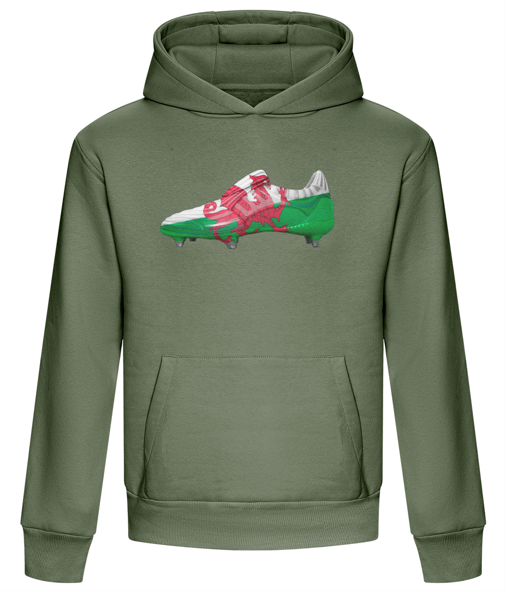 Made in Cymru Welsh football boot heavyweight boxy hoodie – Earthy Green front mockup