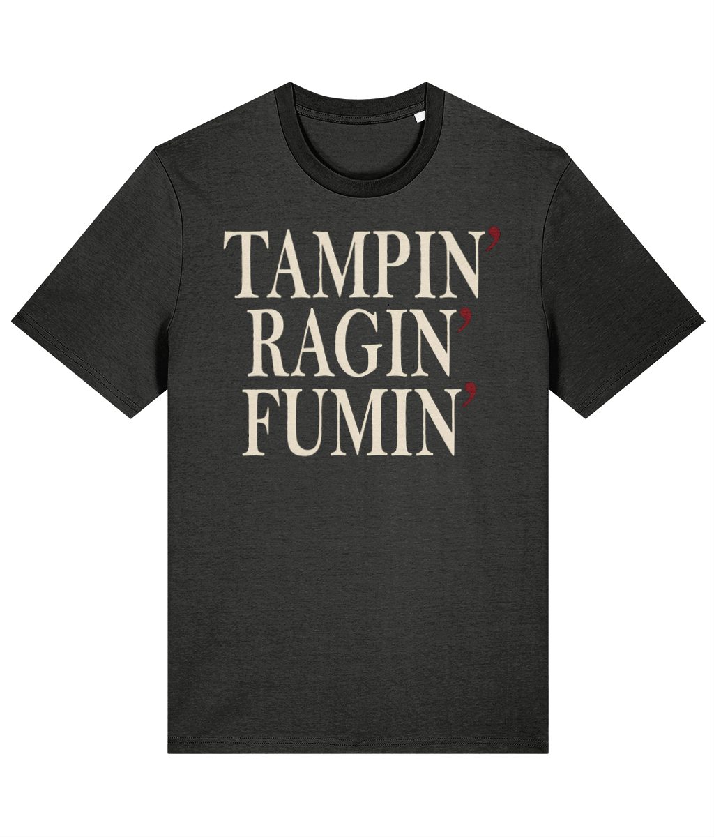 The Tampin' Ragin' Fumin' Welsh t-shirt in dark heather grey, bold Welsh expression design, Made in Cymru