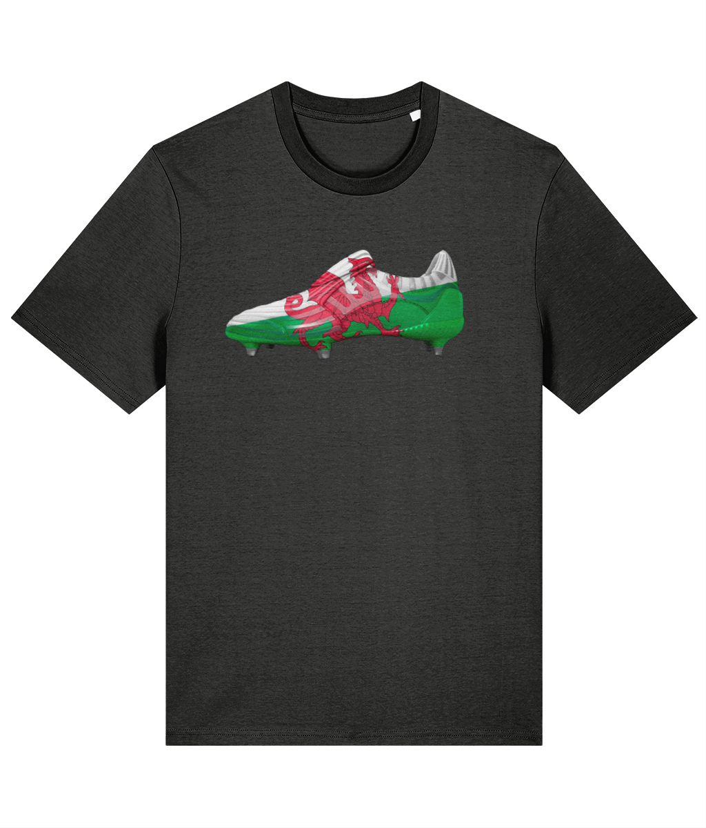 Made in Cymru Welsh football boot organic cotton T-shirt – Dark Heather Grey front mockup