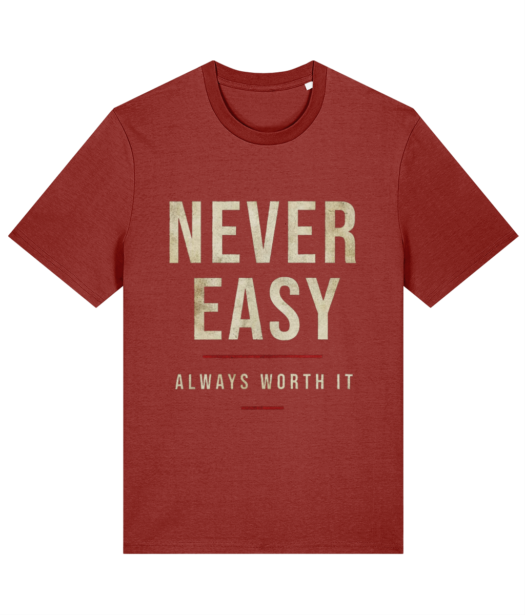 Never Easy Welsh Rugby T-Shirt in Earthy Red — Made in Cymru