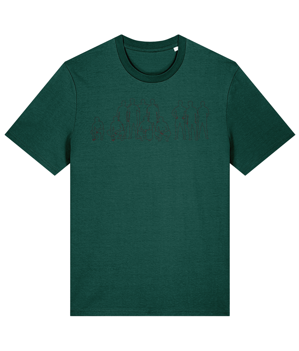 The Photo Welsh football team photo t-shirt in glazed green, line drawing of the lopsided Wales team lineup, Made in Cymru