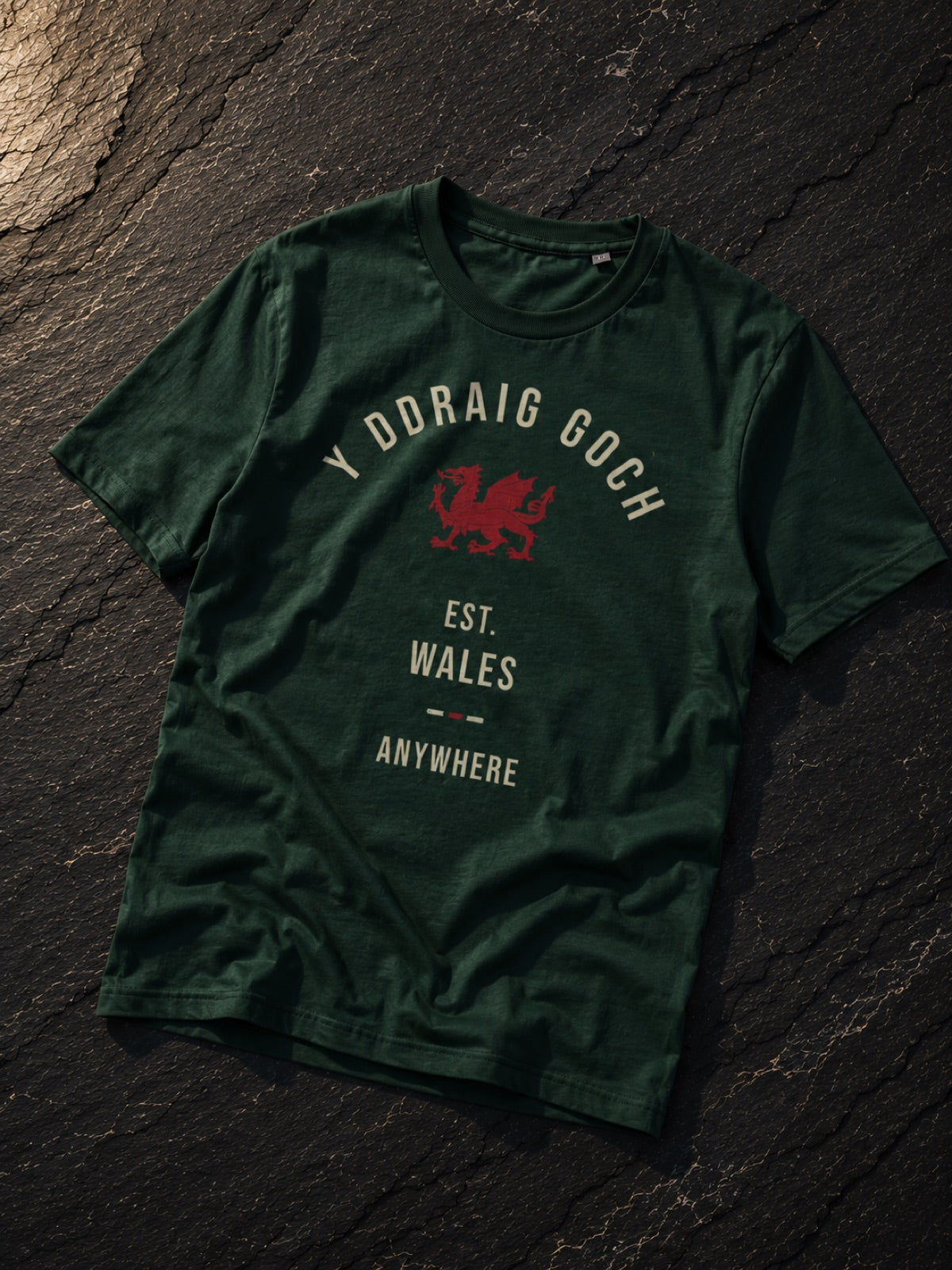 Y Ddraig Goch Welsh t-shirt in forest green with red dragon, Made in Cymru
