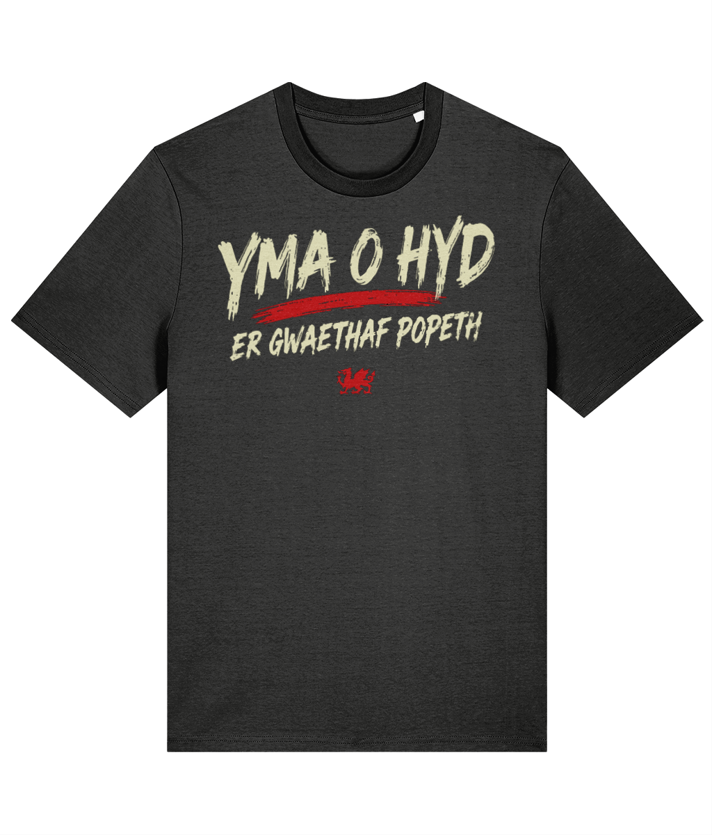 Yma O Hyd Er Gwaethaf Popeth Welsh T-shirt front product mockup, image 1, Made in Cymru
