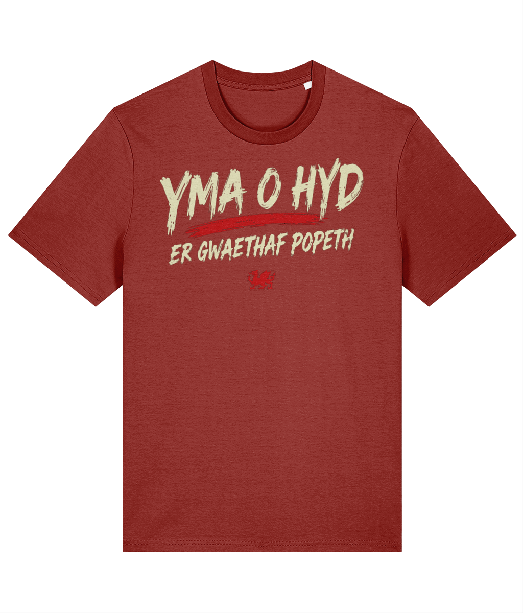 Yma O Hyd Er Gwaethaf Popeth Welsh T-shirt front product mockup, image 3, Made in Cymru