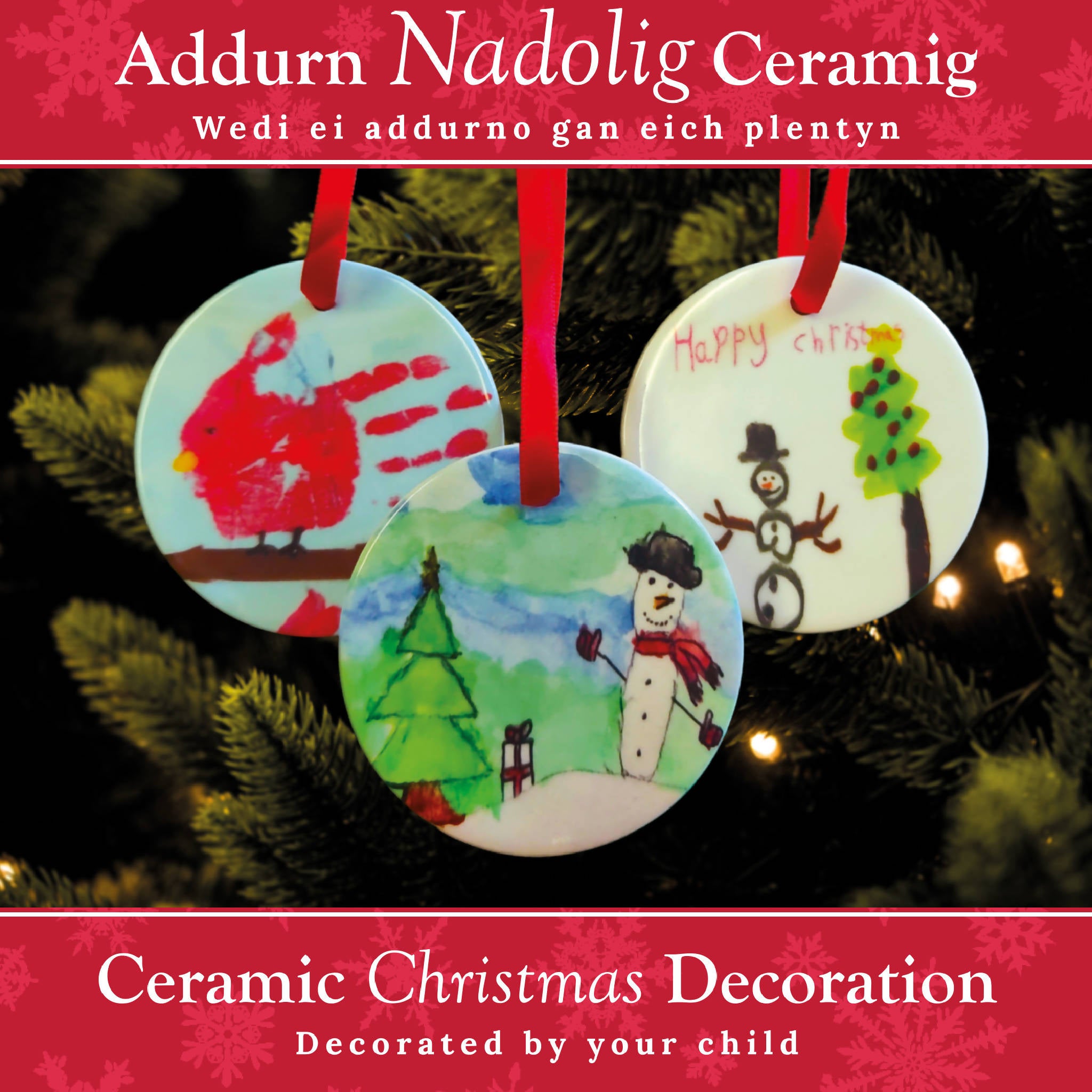Ceramic Christmas Decoration, Childs drawing or photograph, Welsh or English, Personalised with a name