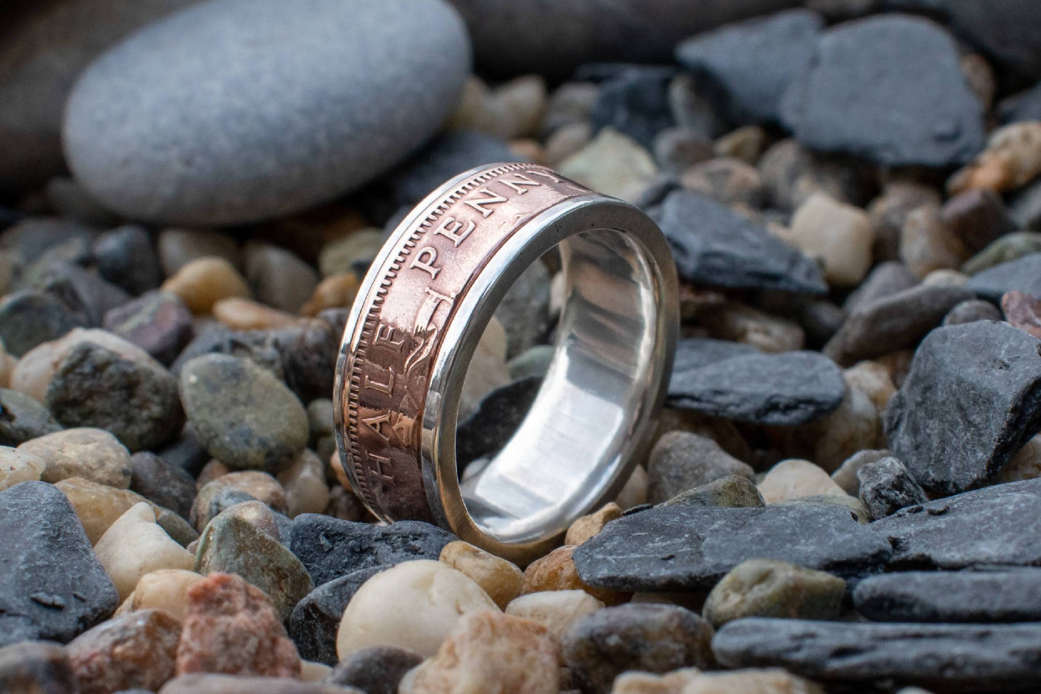 92.5% Silver Ring Inlaid with British Old Half Penny Bronze Coin Ring Made to Order