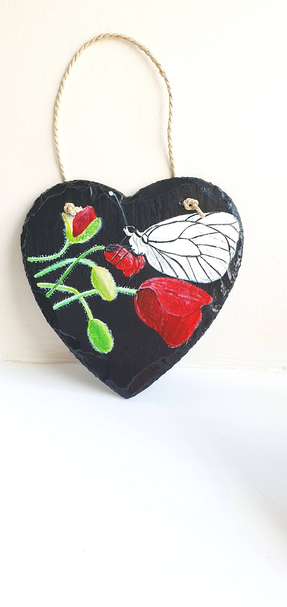 Handpainted hanging heart slate Poppies and butterfly