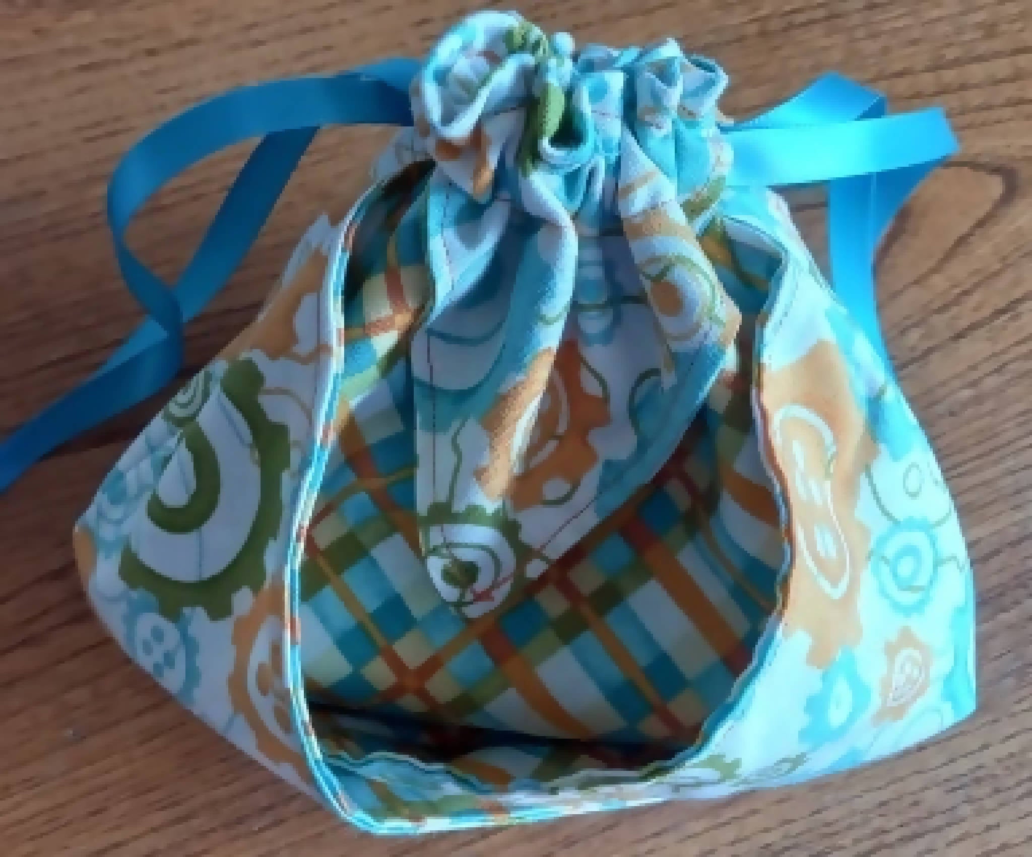Origami Drawstring Bag in Blue Cog Pattern