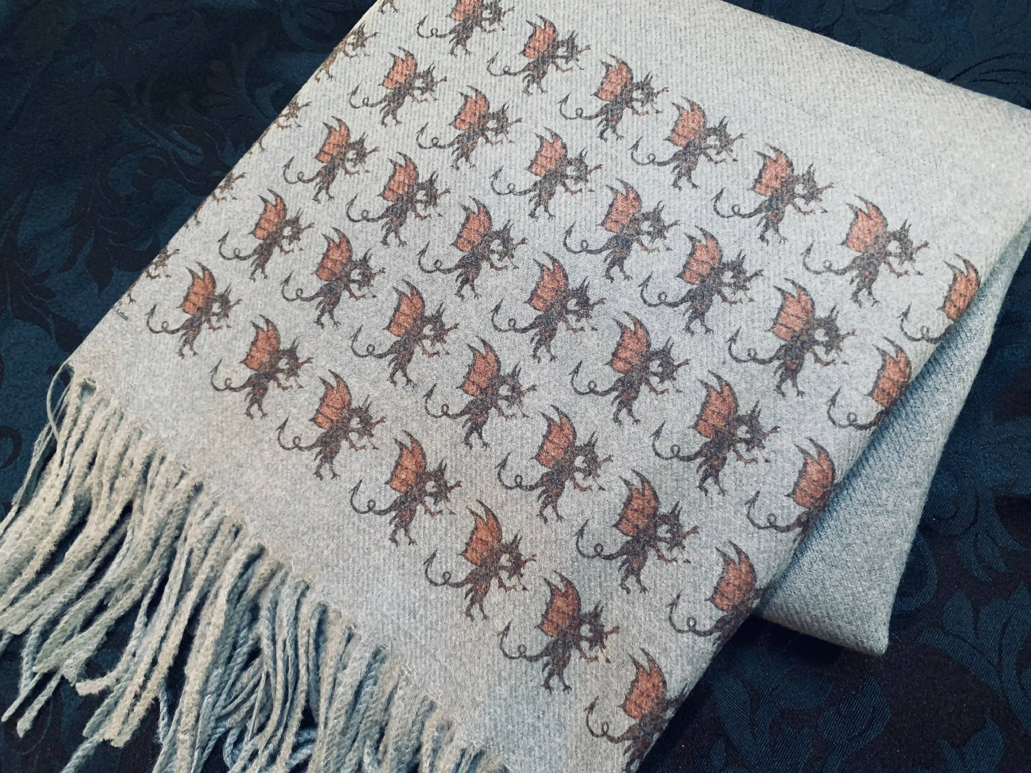 Dragons Handprinted on a Grey Cashmere Blend Scarf