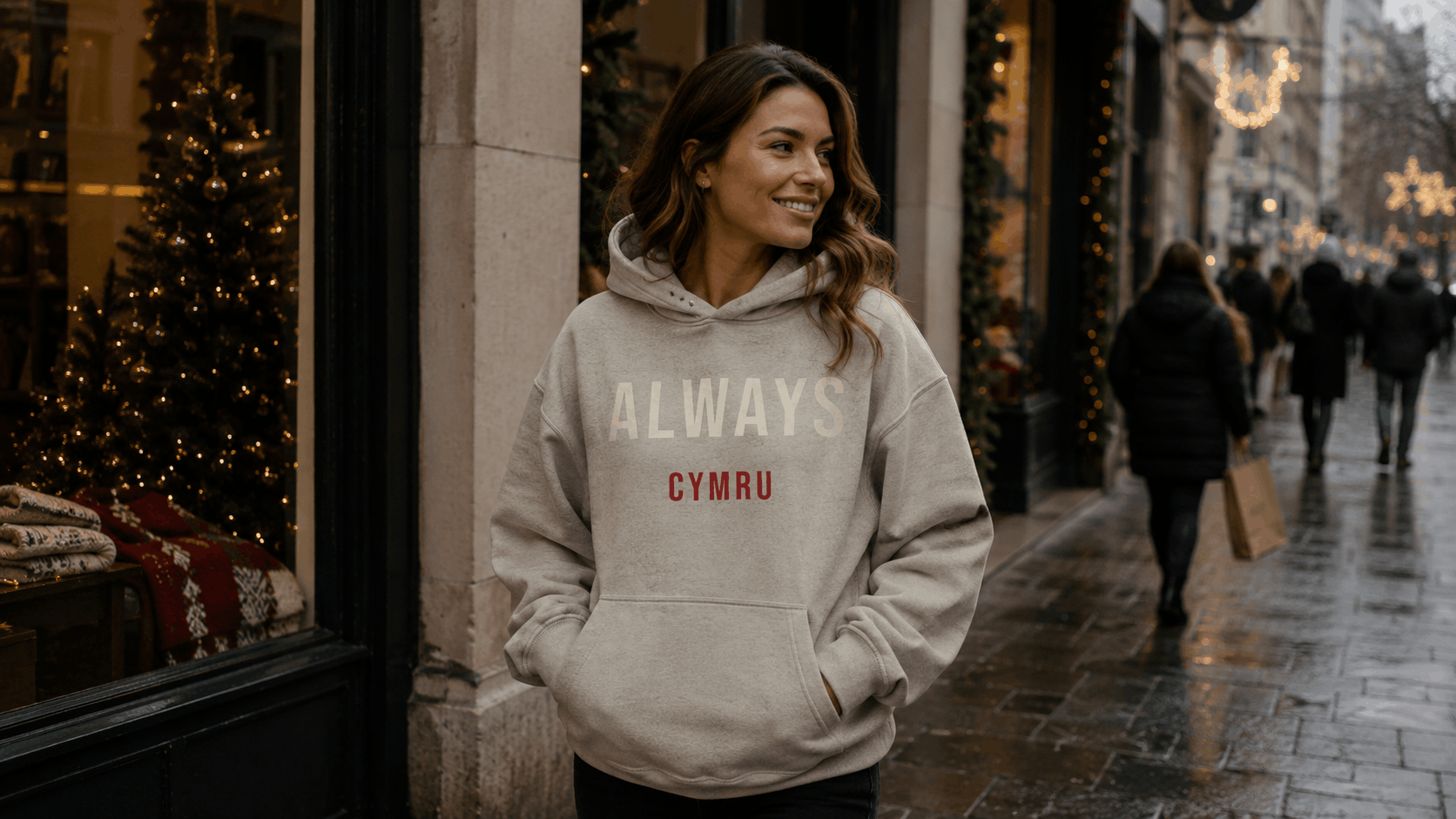 Made in Cymru Always Cymru Welsh hoodie worn in Cardiff city centre during Christmas shopping season.