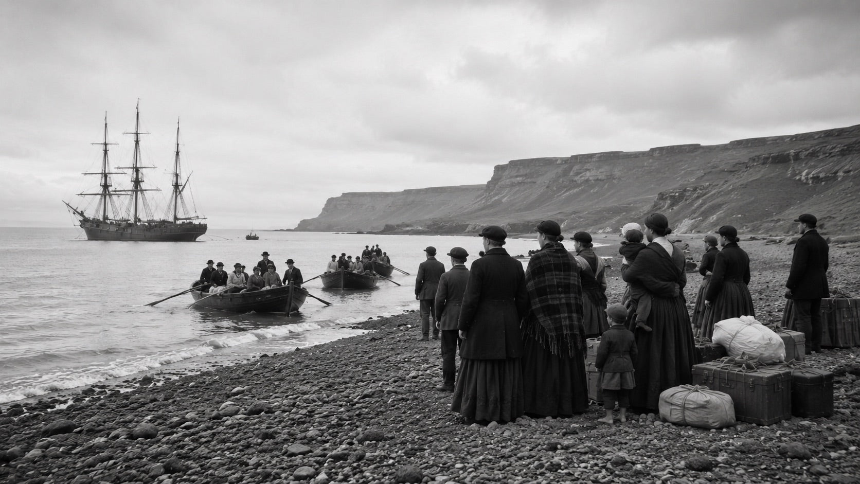 Welsh settlers landing from the Mimosa on the Patagonian shore in 1865, Y Wladfa, Chubut, Argentina
