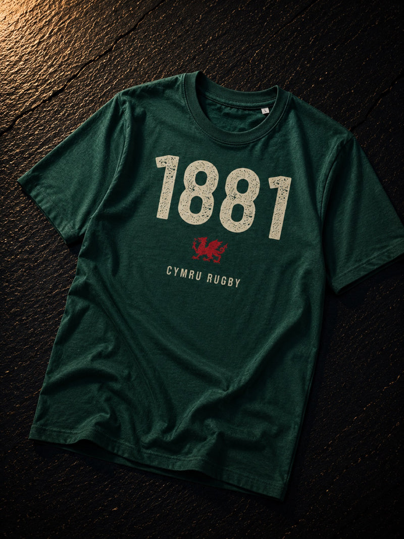 1881 Cymru Rugby Welsh t-shirt in forest green with red dragon, Made in Cymru