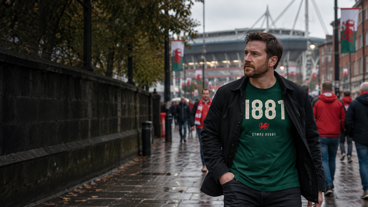 1881 Welsh rugby T-shirt in Cardiff on autumn international matchday, Made in Cymru