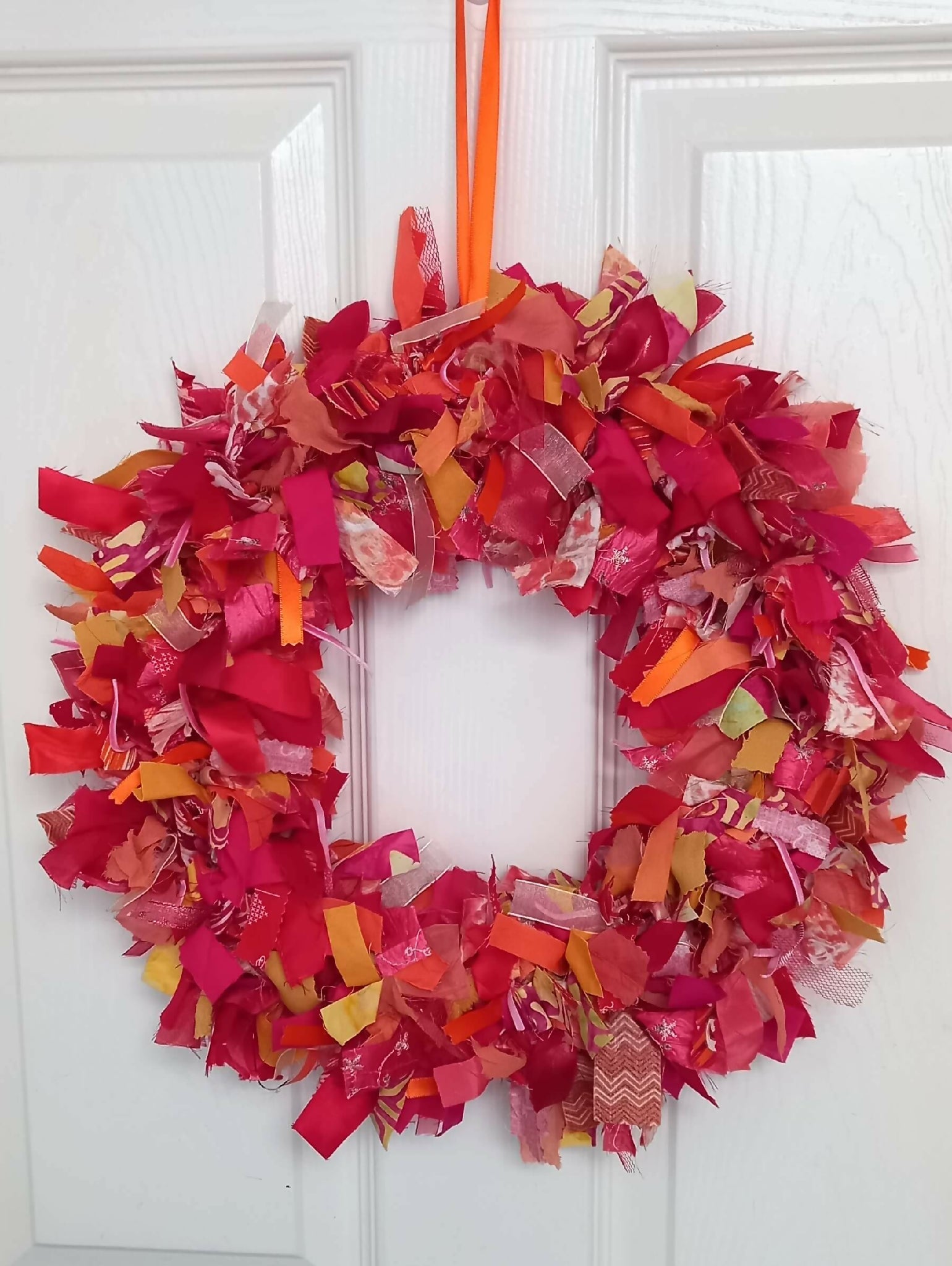 Rag Wreath in Orange Pink Red