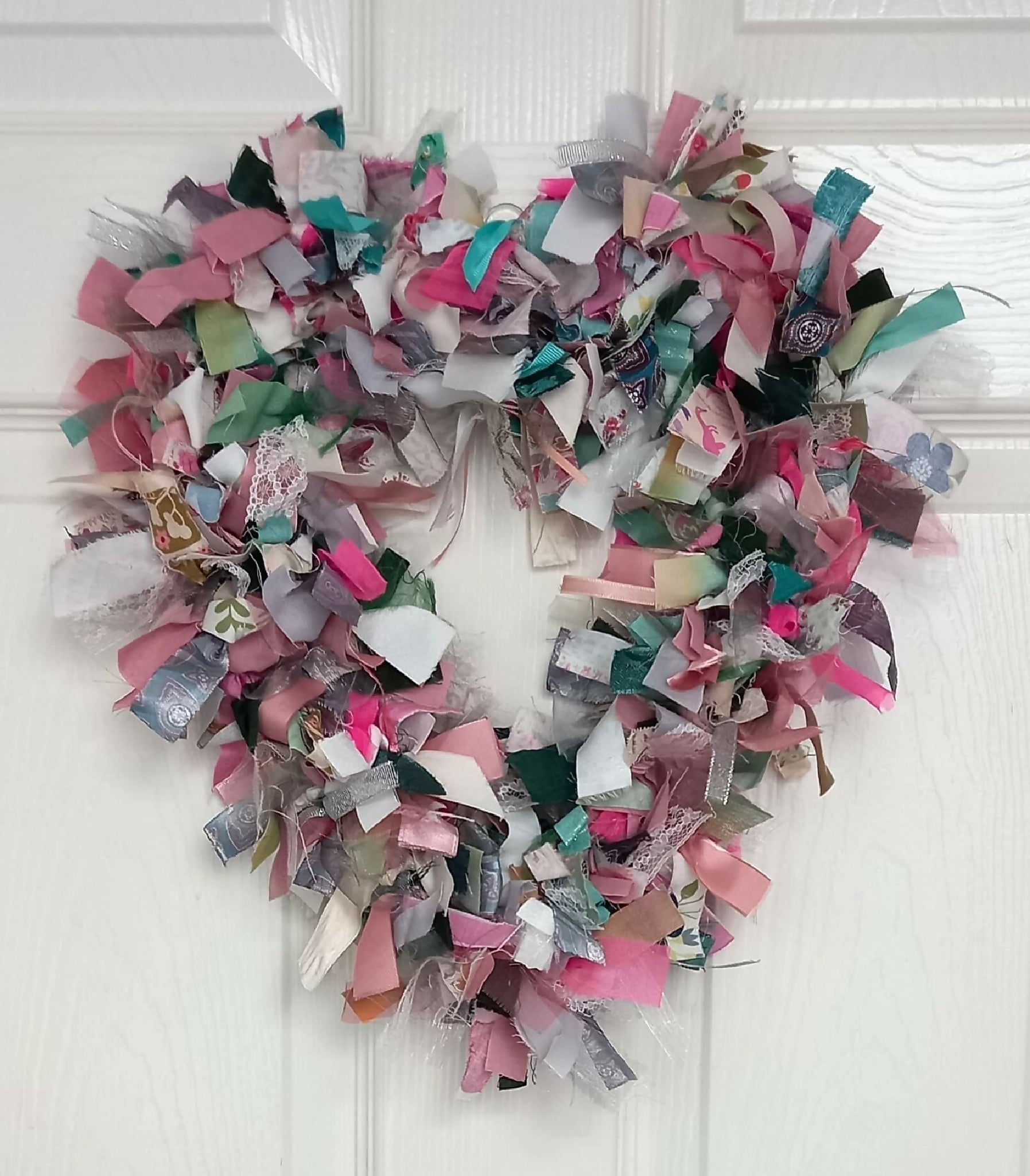 Rag Wreath Heart Shaped in Pinks and Greys