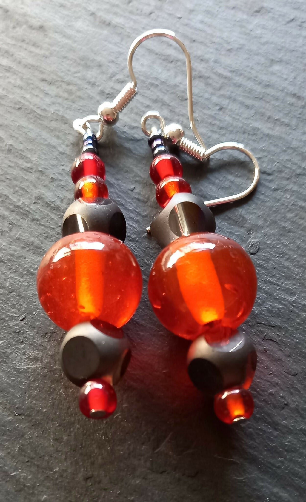 Earrings - Orange and Grey Beaded