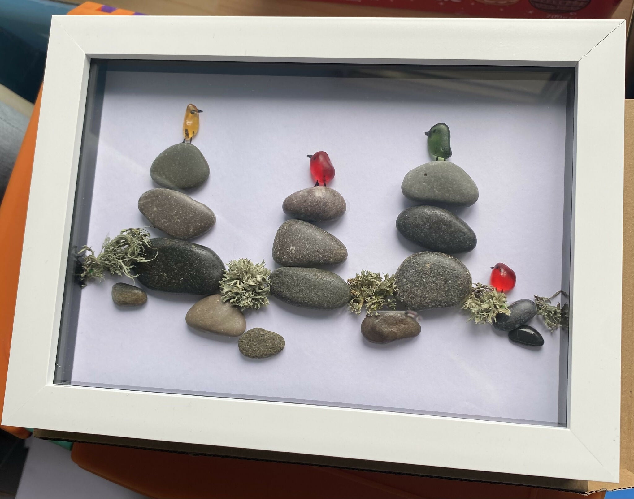 Pebble/sea glass art birds on rocks