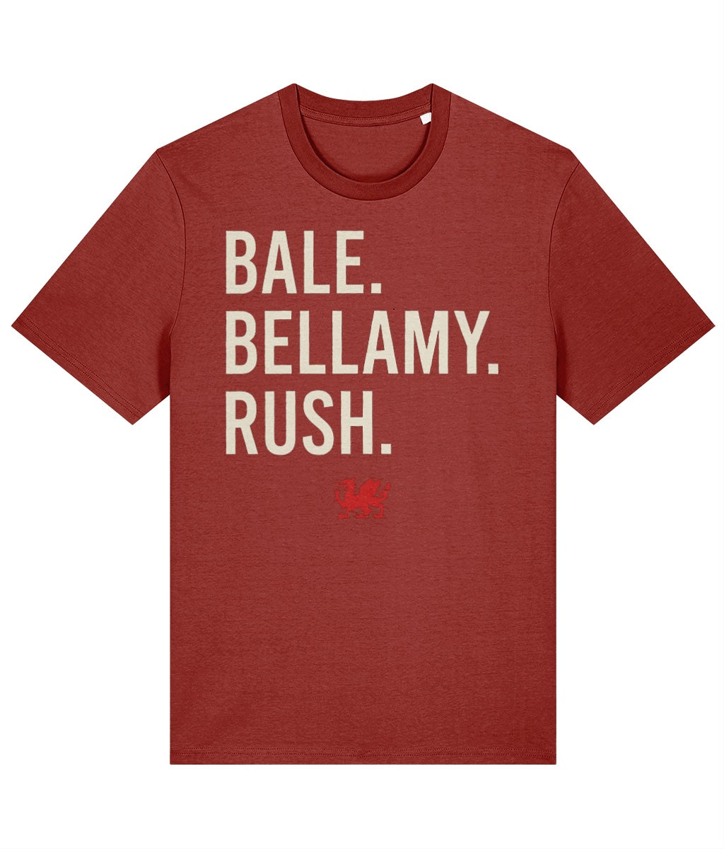 Made in Cymru Bale Bellamy Rush Welsh football T-shirt in Earthy Red – organic cotton