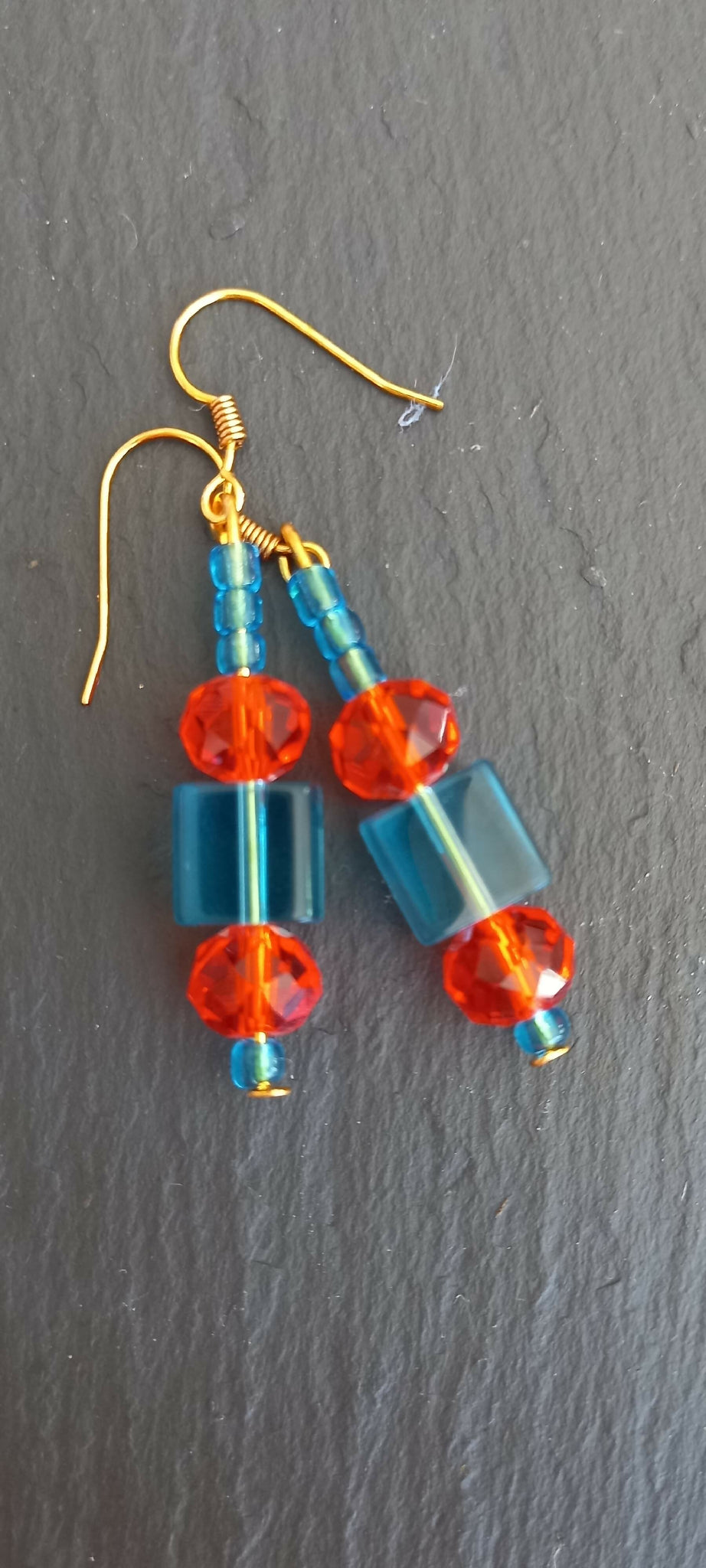 Earrings - Blue Cube and Orange Crystal Beads