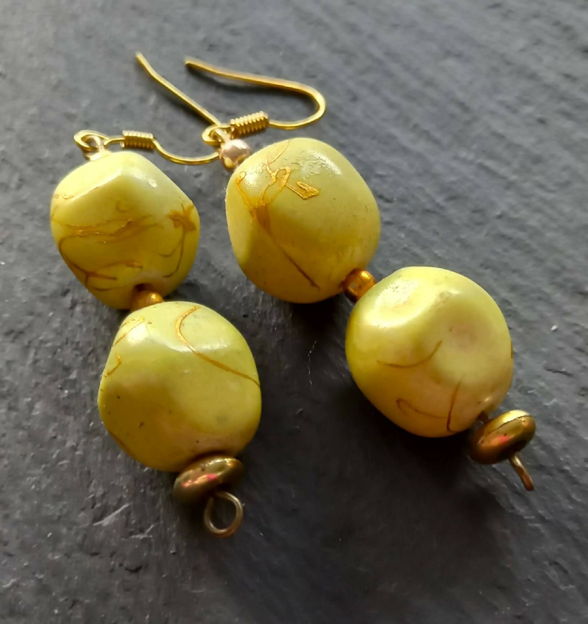 Earrings - Green and Gold Beaded