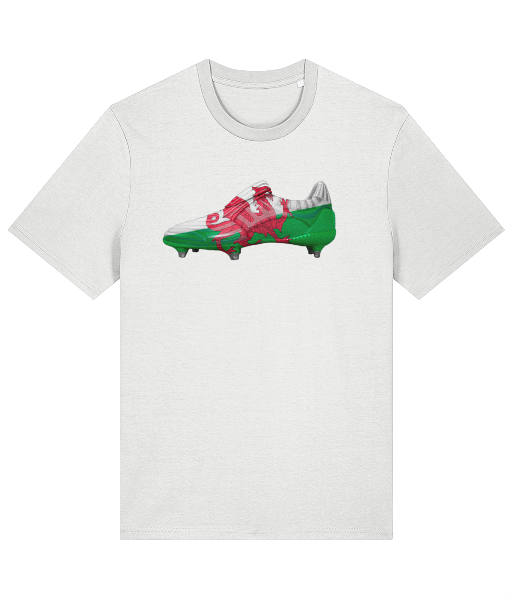 Made in Cymru Welsh football boot organic cotton T-shirt – White front mockup