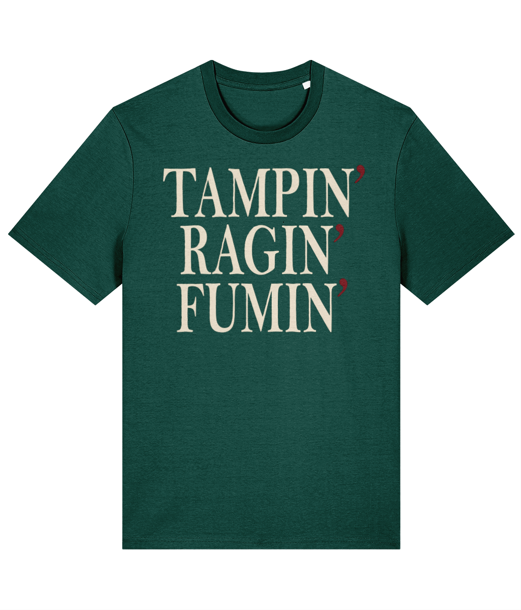 The Tampin' Ragin' Fumin' Welsh t-shirt in glazed green, bold Welsh expression design, Made in Cymru