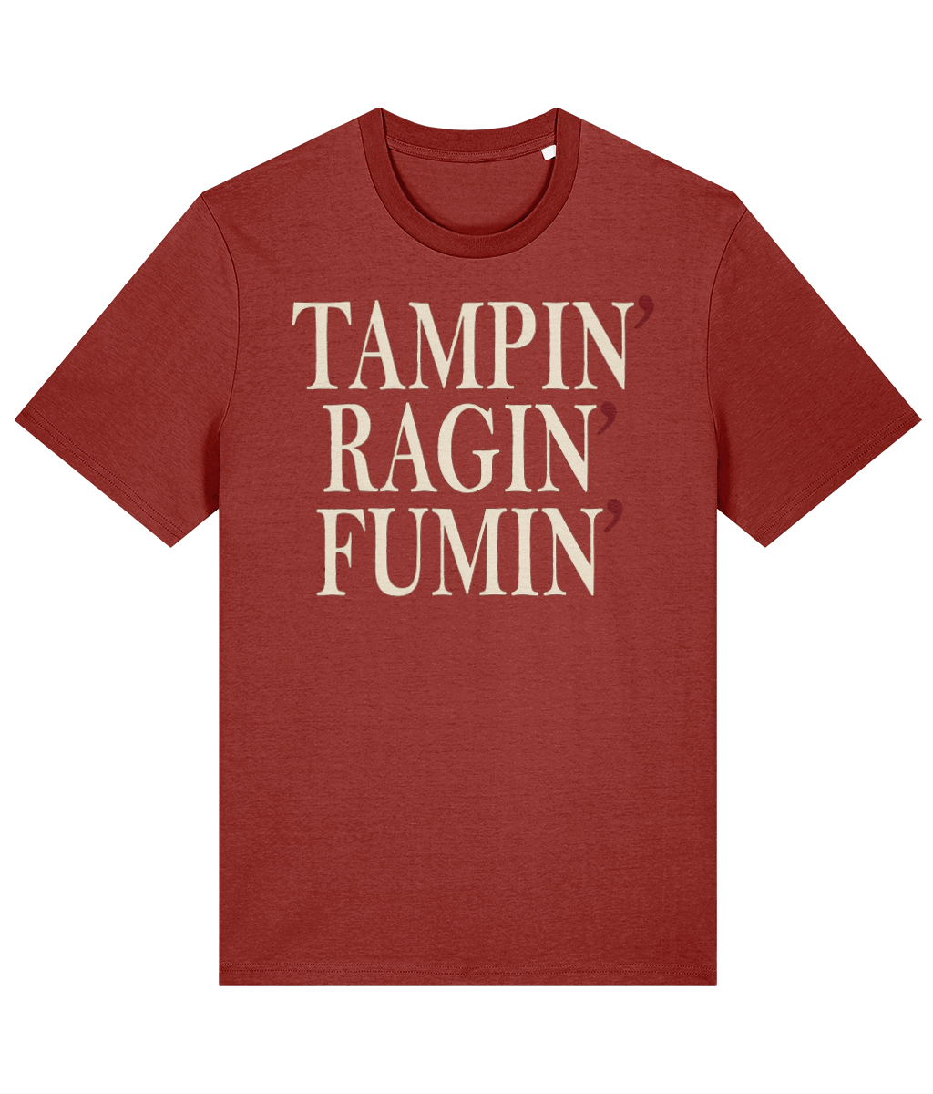 The Tampin' Ragin' Fumin' Welsh t-shirt in earthy red, bold Welsh expression design, Made in Cymru