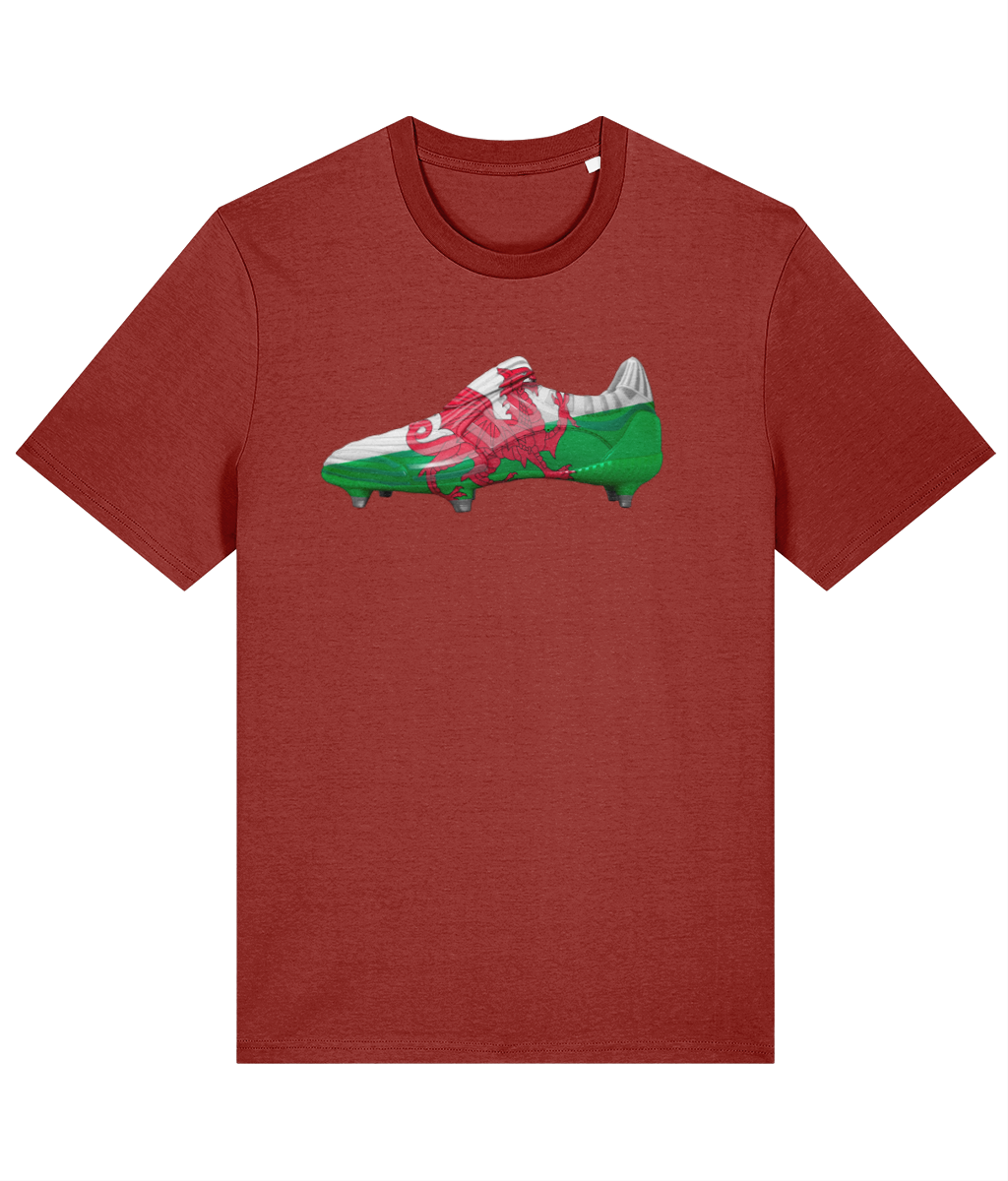 Made in Cymru Welsh football boot organic cotton T-shirt – Earthy Red front mockup