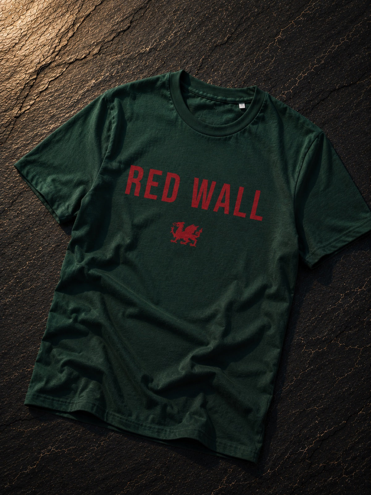 Red Wall Welsh football t-shirt in forest green, Made in Cymru