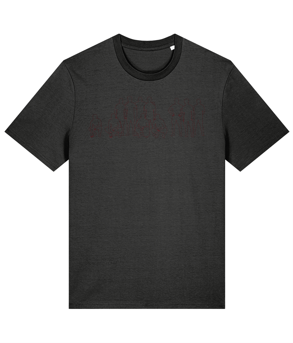 The Photo Welsh football team photo t-shirt in dark heather grey, line drawing of the lopsided Wales team lineup, Made in Cymru