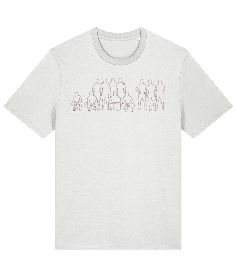 The Photo Welsh football team photo t-shirt in white, line drawing of the lopsided Wales team lineup, Made in Cymru