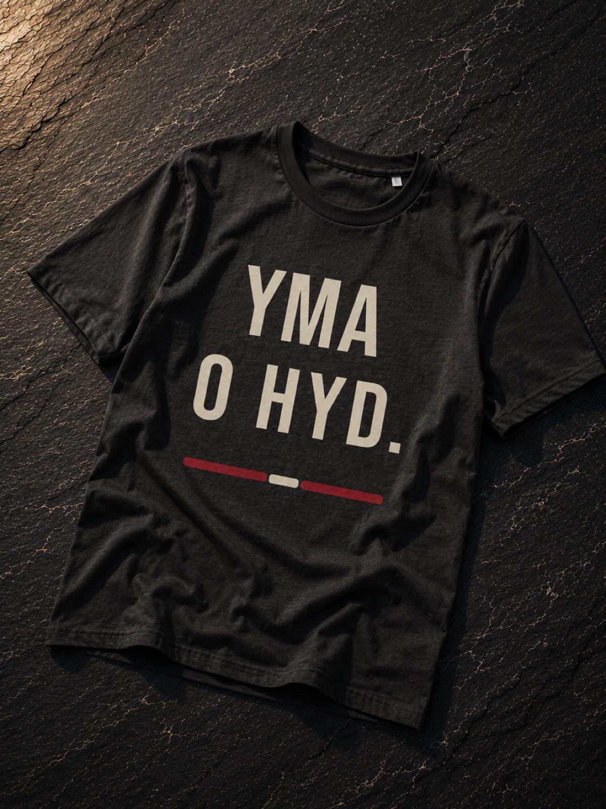 Yma O Hyd Welsh t-shirt in black, Made in Cymru