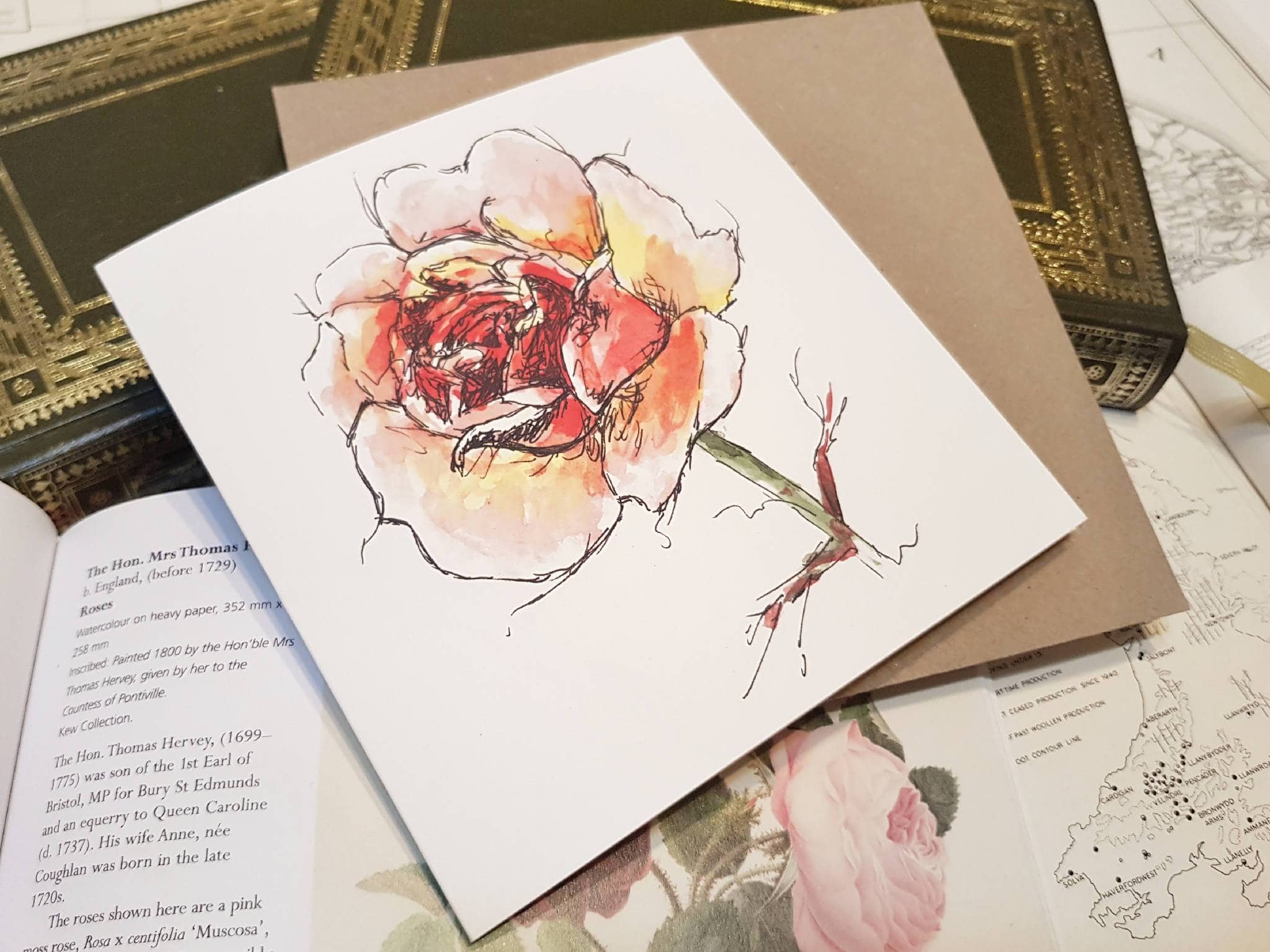 Greetings card of watercolour print of a large rose