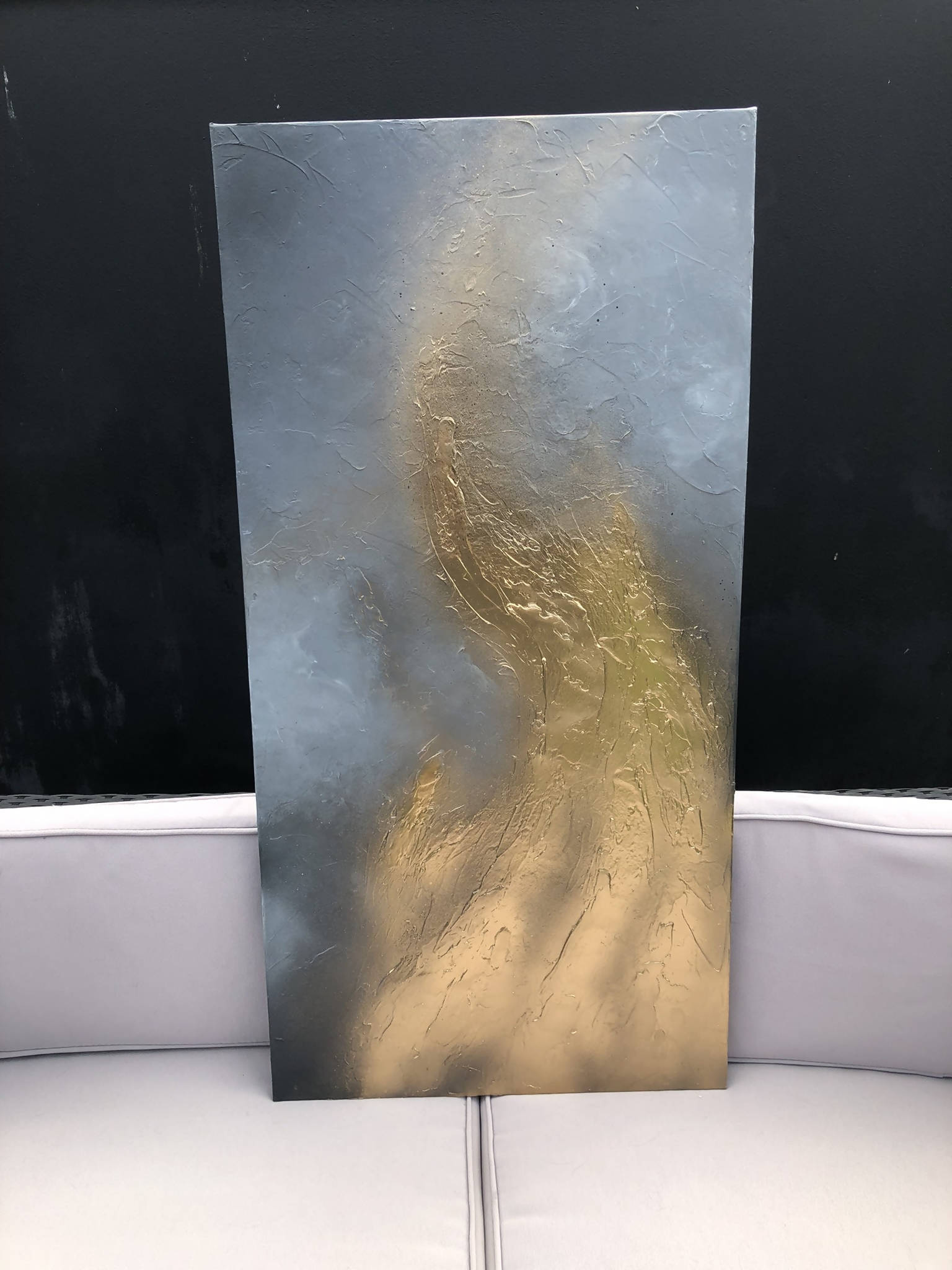 STORMY SEA - Dramatic mixed media acrylic canvas in greys and gold (100x50x4cm)