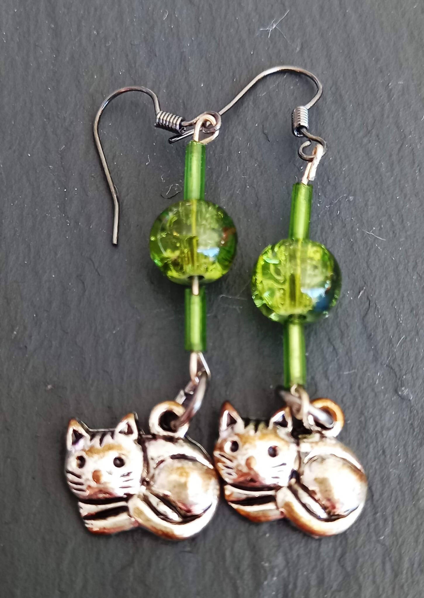 Earrings - Green and Silver Cat Charms