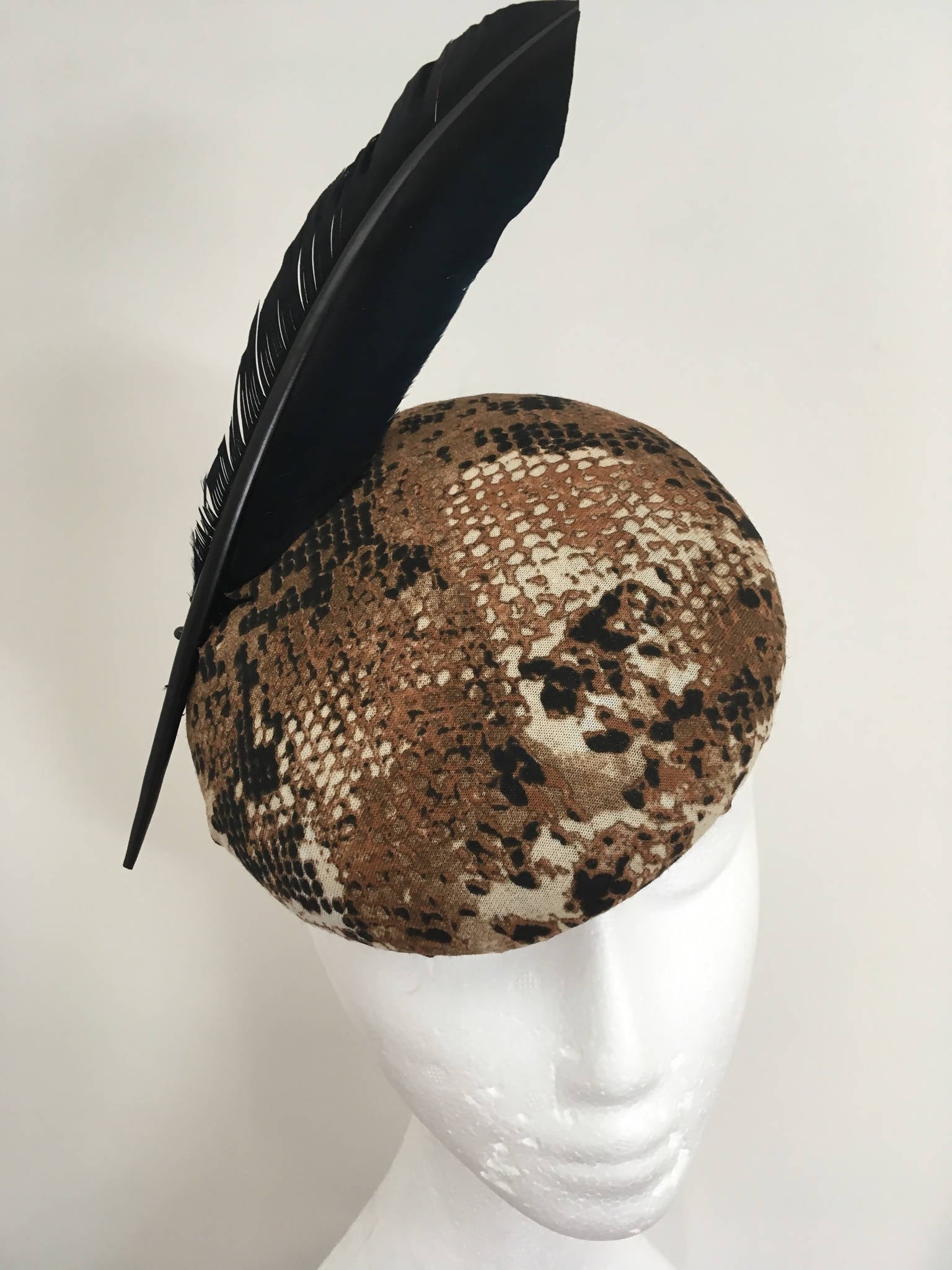 Snake skin print winter Cocktail hat with elegant black goose feather.Fascinator.Snake hat.Animal print.Racing hat. Wedding guest hat.