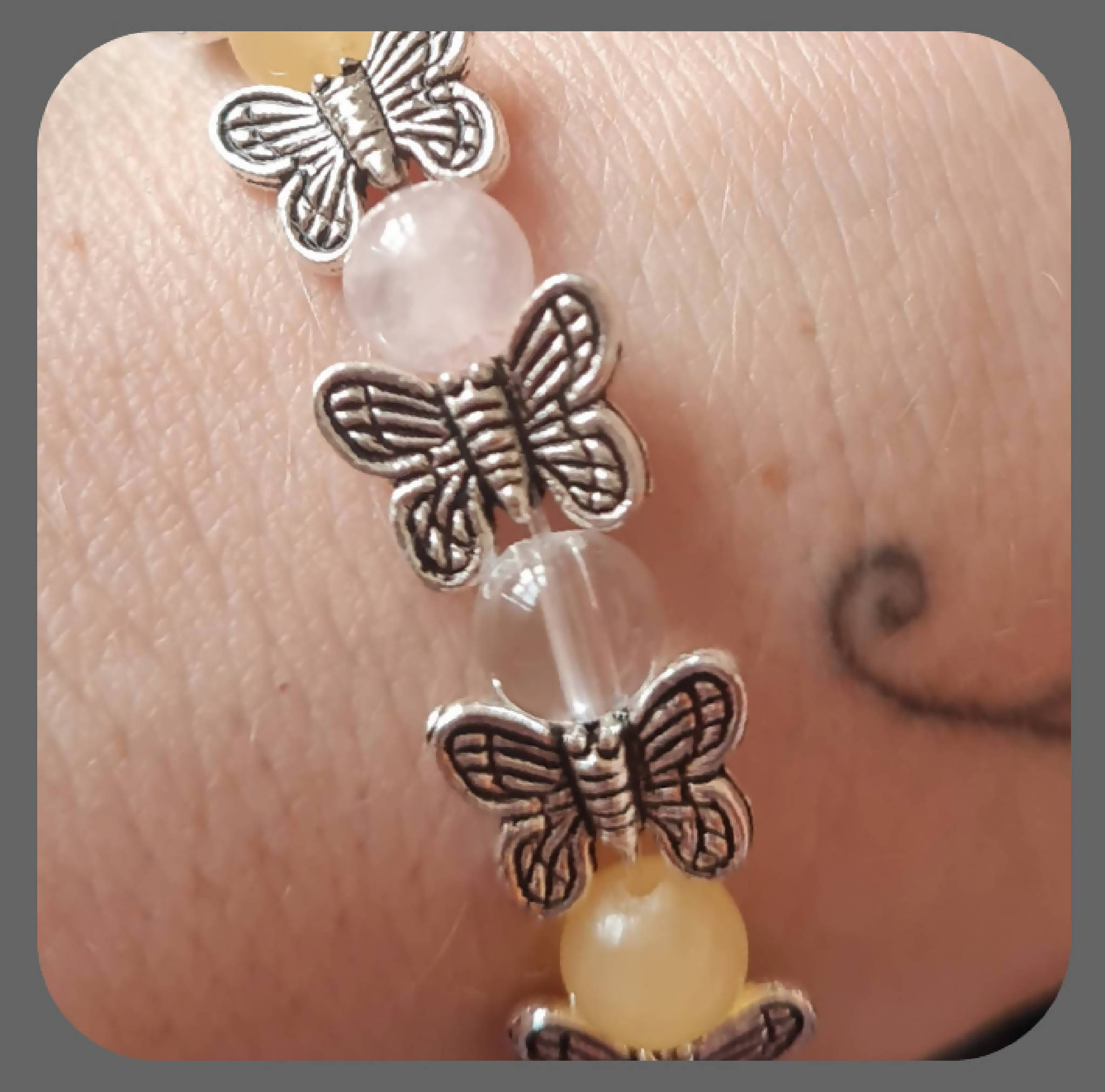 Pretty Ambronite, Rose Quartz Stacker Bracelet with Tibetan Silver Butterflies