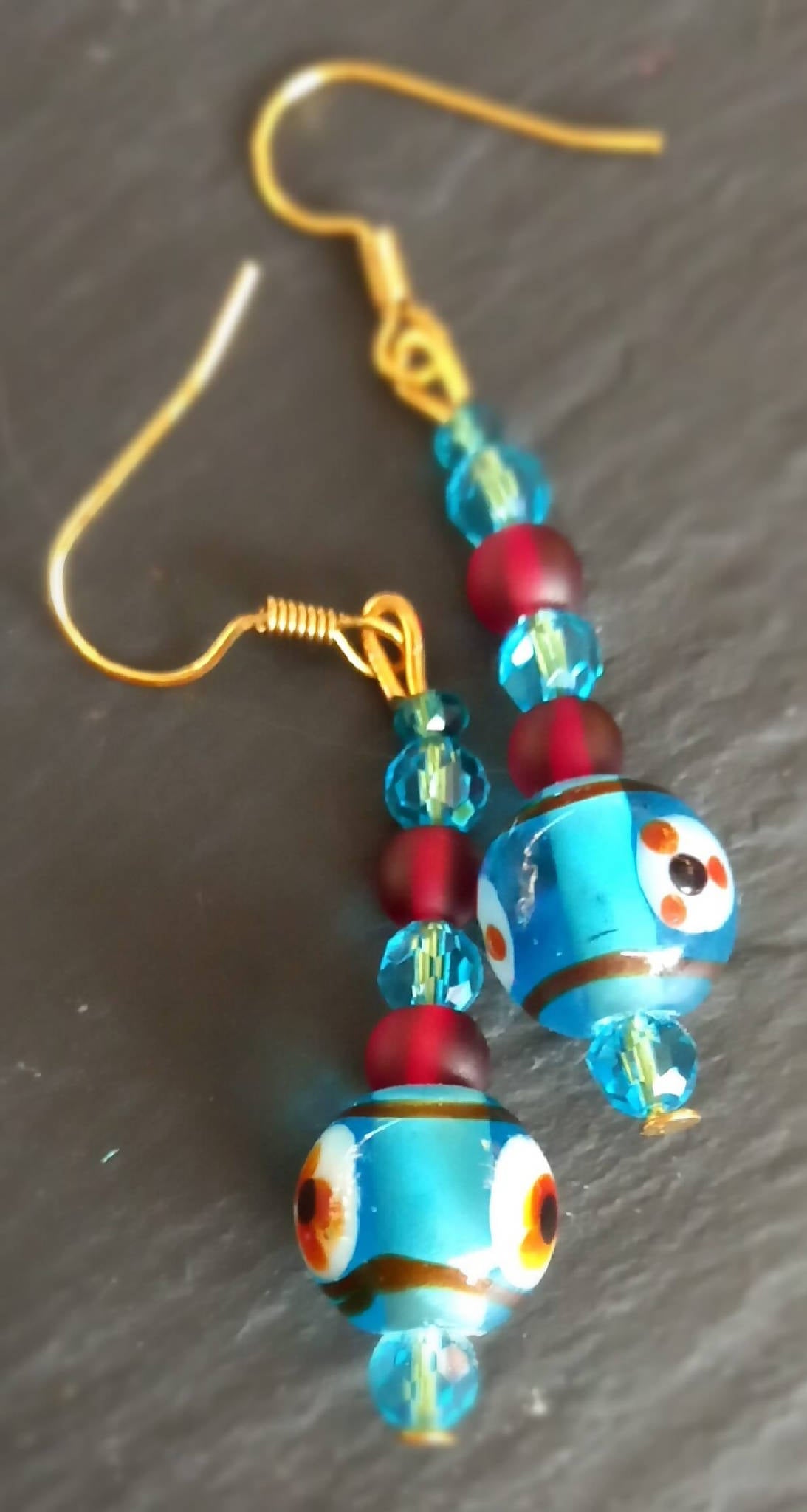 Earrings - Blue Patterned Glass Beads with Red and Blue Crystals