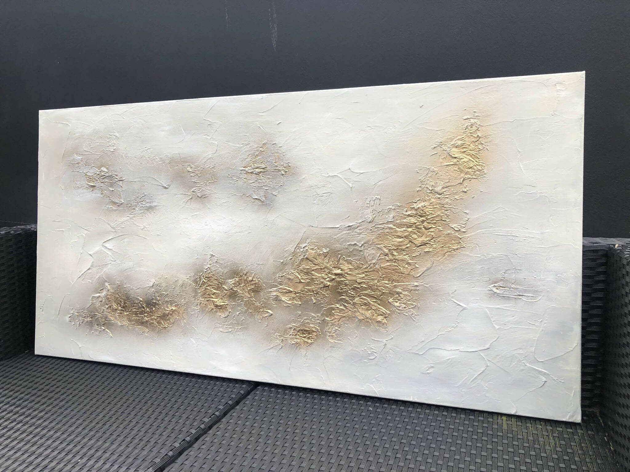 CELESTIAL - Beautiful mixed media acrylic painting in neutral shades with metallic gold (120x60x3.8cm)